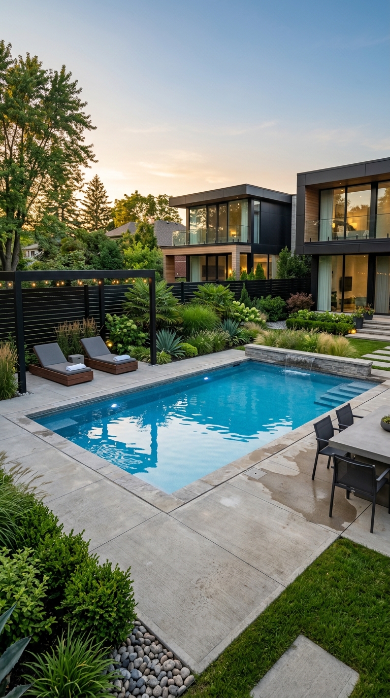 Modern black aluminum horizontal slat pool fence around a luxury backyard pool.