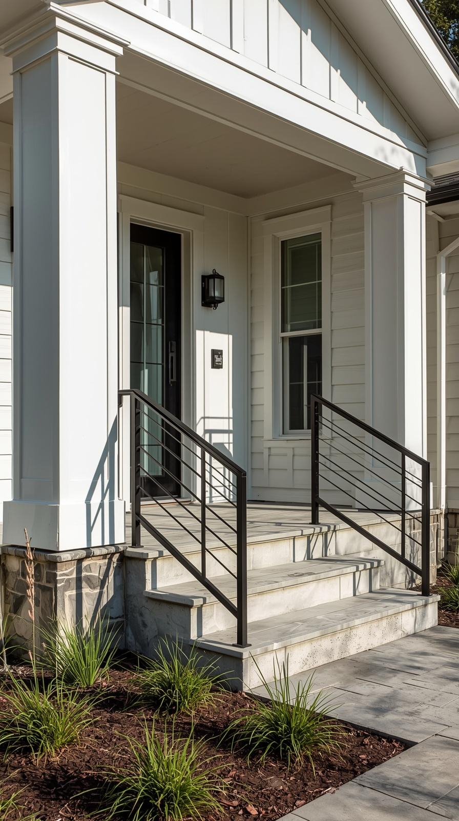 Black powder-coated aluminum porch railing on a modern contemporary home