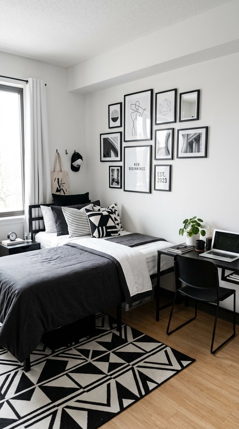 Minimalist black and white dorm room with monochrome decor, black-framed gallery wall, and sleek college room aesthetic