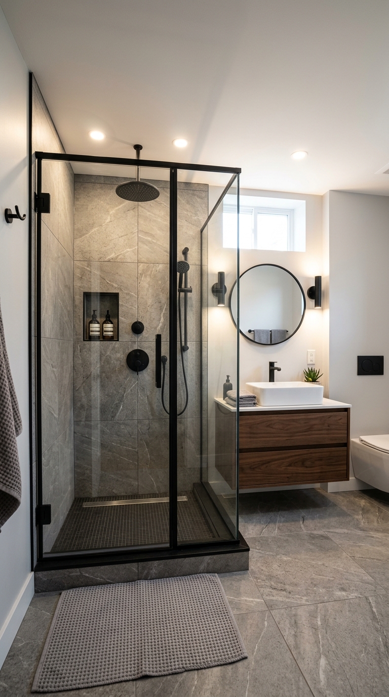 Basement bathroom with black-framed glass walk-in shower, stone tile, and matte black rain showerhead