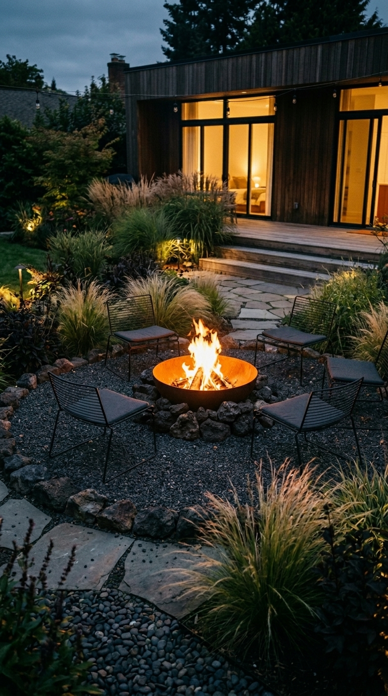 Black lava rock fire pit circle with corten steel fire bowl and modern black chairs in a dramatic backyard