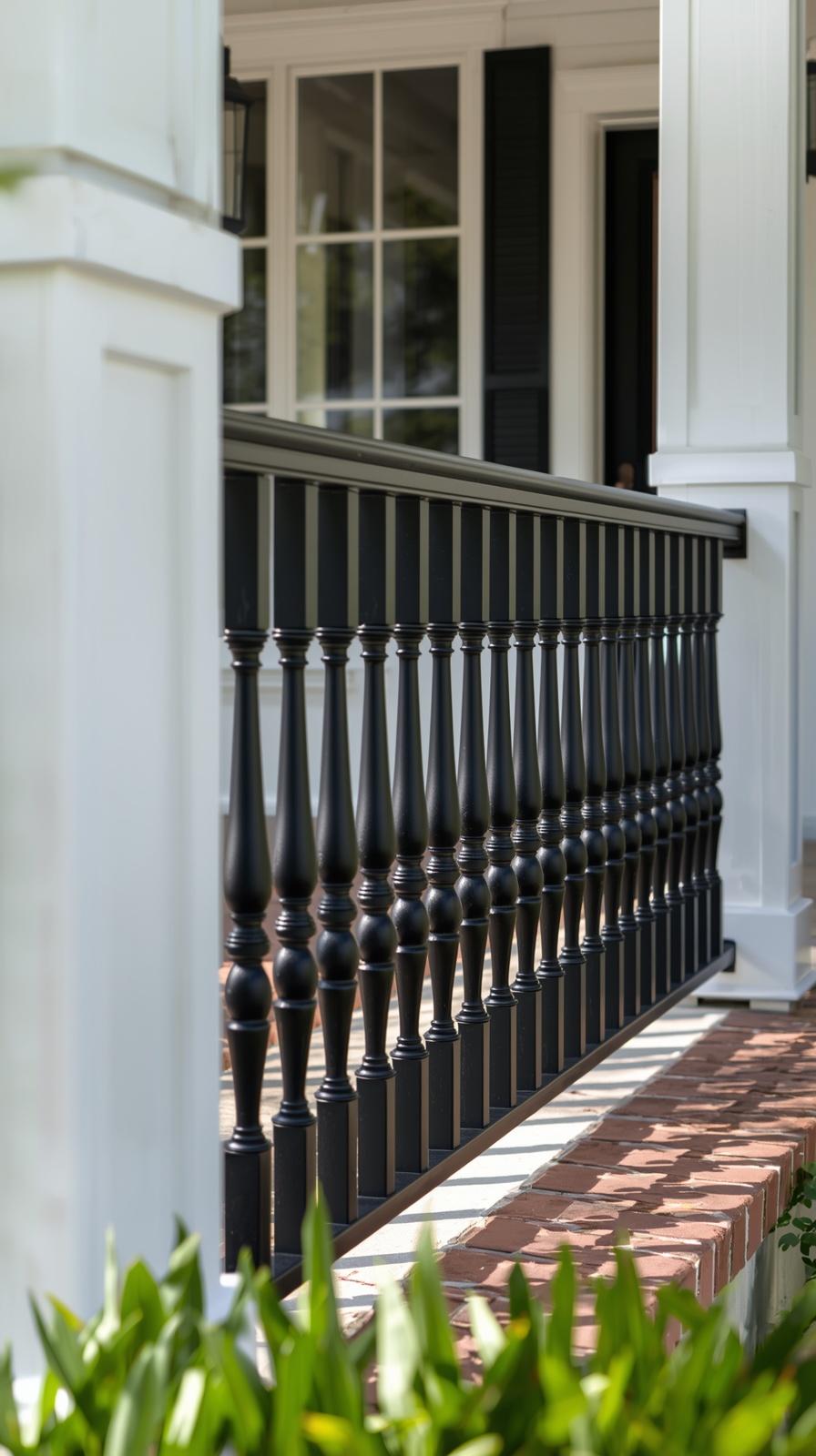 Black metal spindle porch railing with bold contrast against white siding
