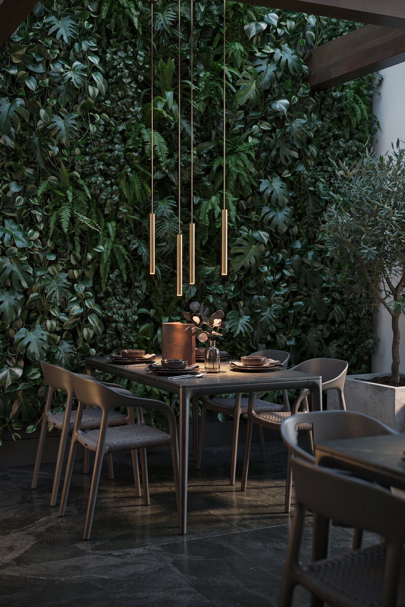 Matte black patio table with lush greenery wall and modern outdoor styling