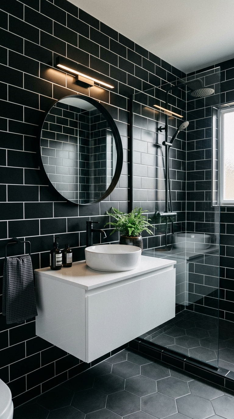 Black subway tile bathroom with white grout and matte black fixtures