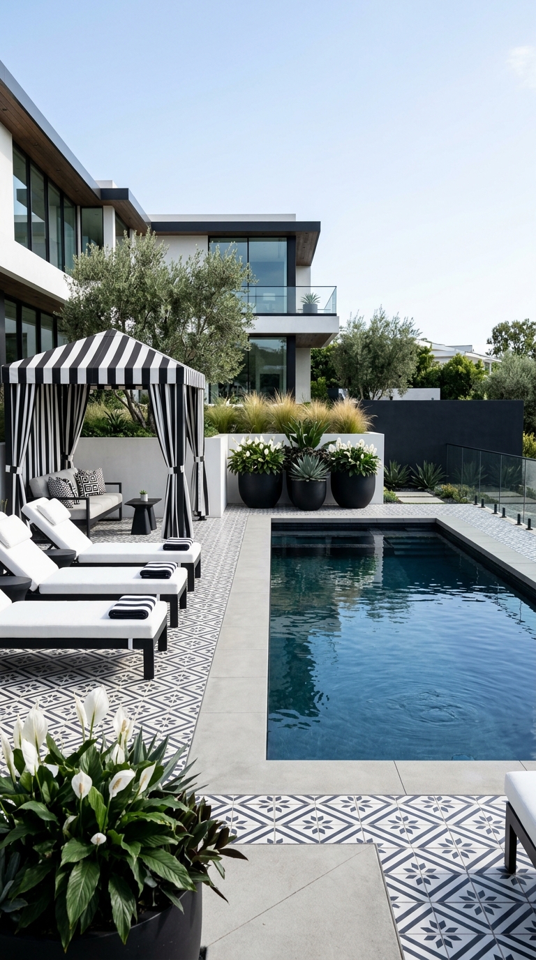 Modern black and white minimalist pool deck with striped cabana, white loungers, and elegant outdoor styling