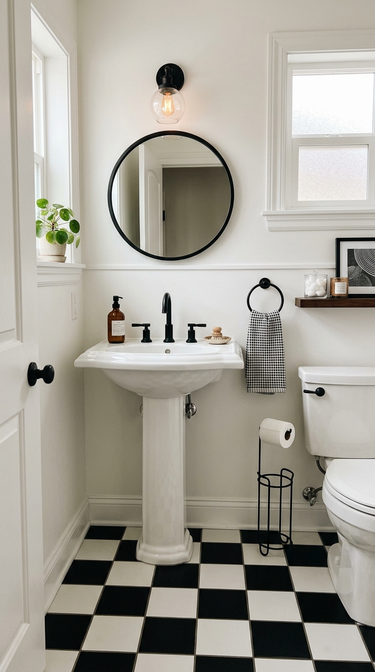 Half bathroom with black and white checkerboard floor tile and white pedestal sink