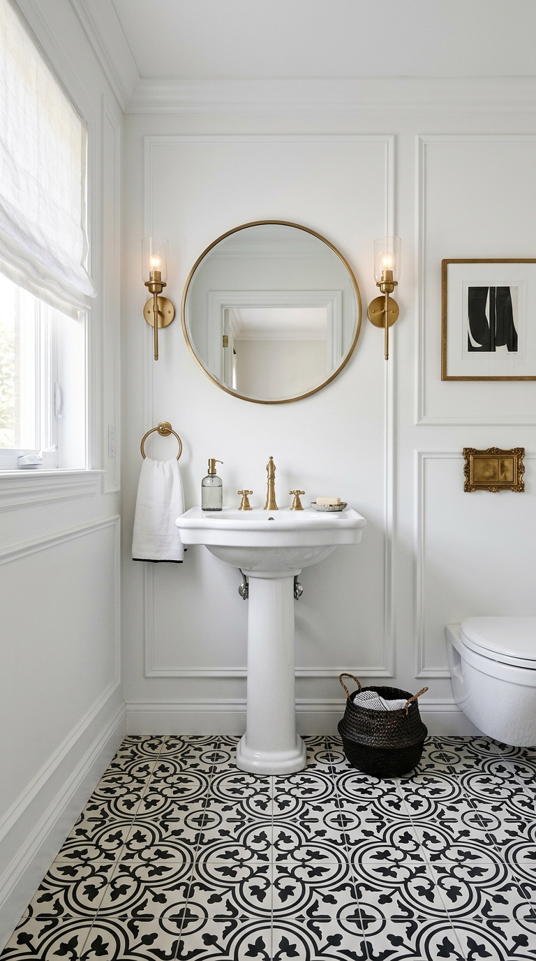 Powder room with bold black and white encaustic tile floor