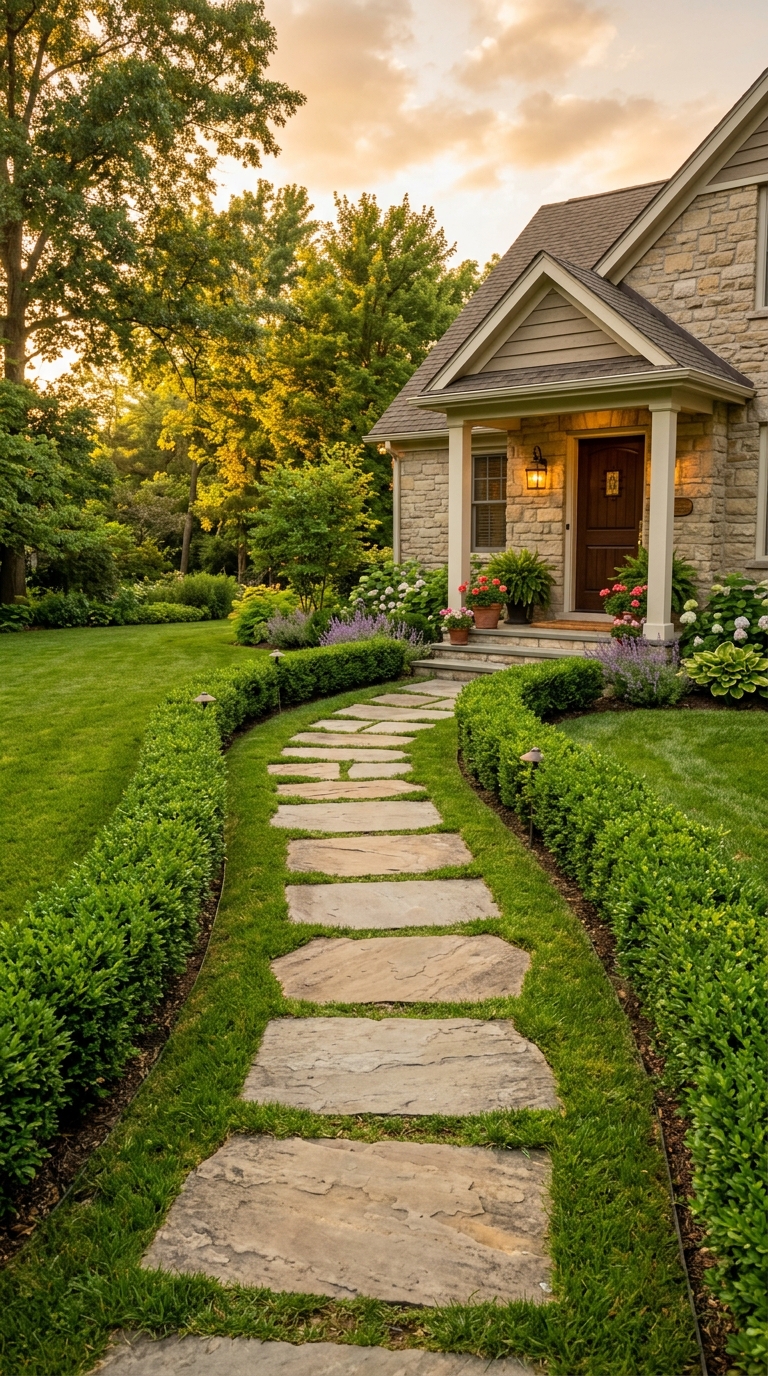 Elegant bluestone stepping stone path leading to a home's front door with green lawn borders