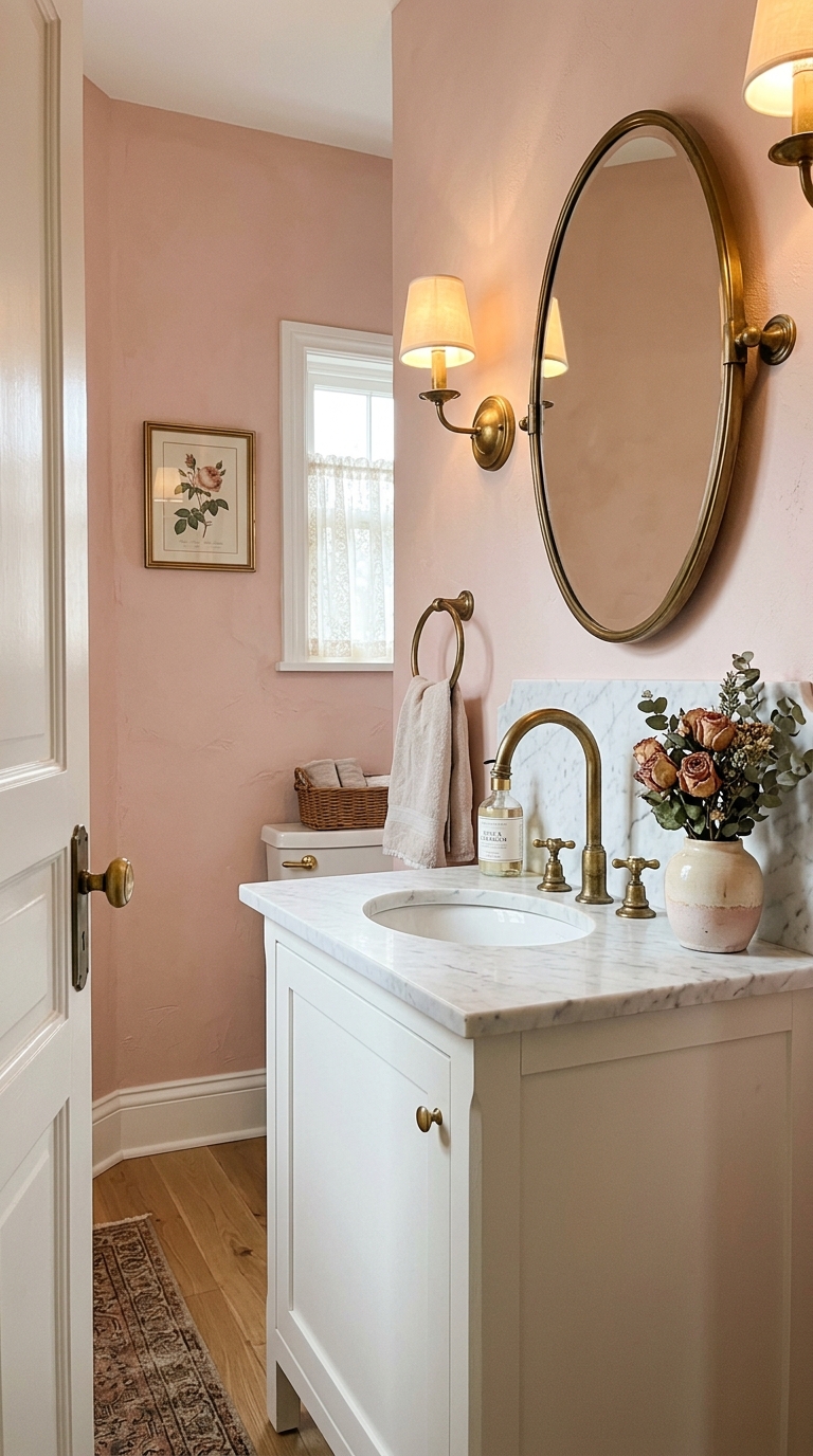 Romantic blush pink half bathroom with brass faucet, marble countertop, and dried rose accent