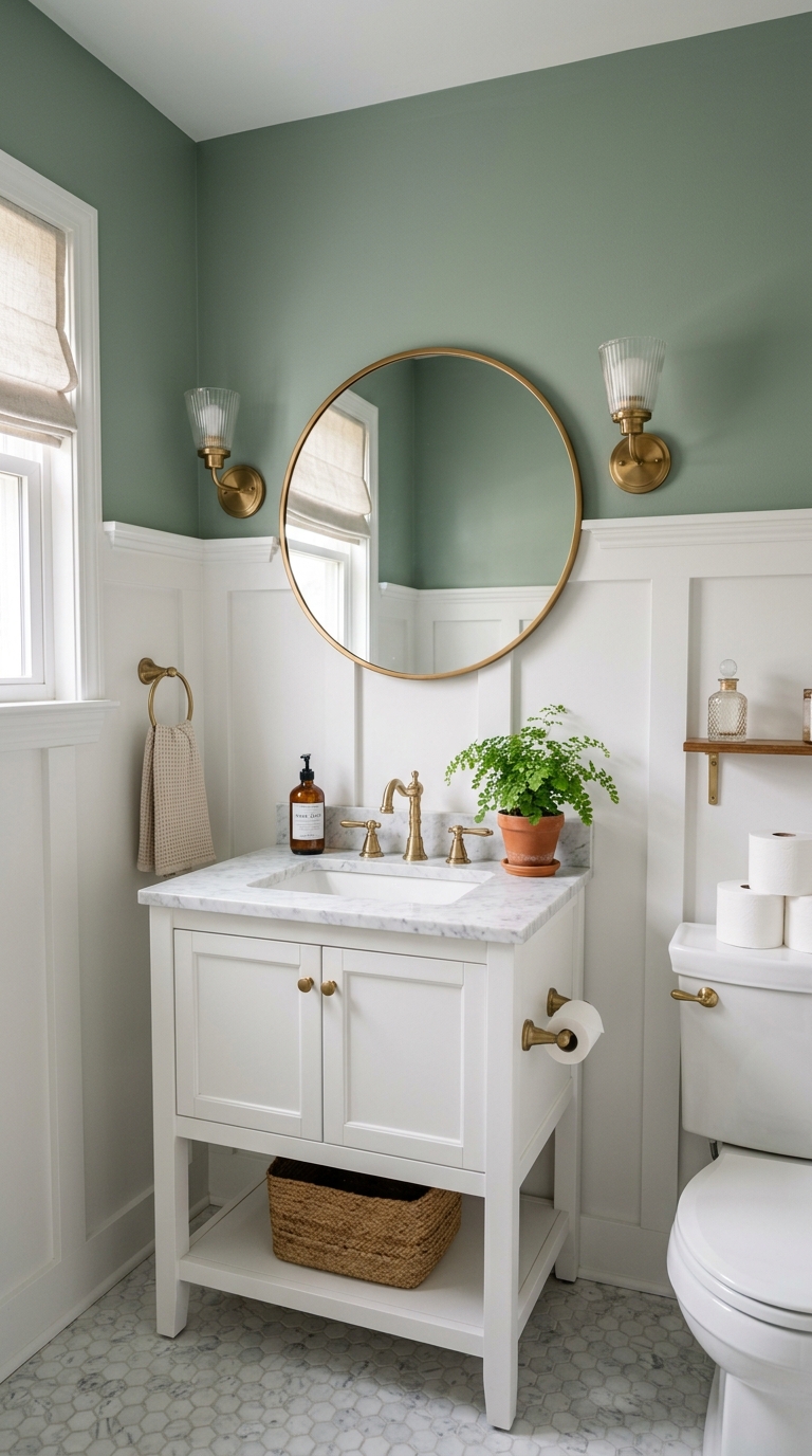 Powder room with white board and batten wainscoting and sage green walls