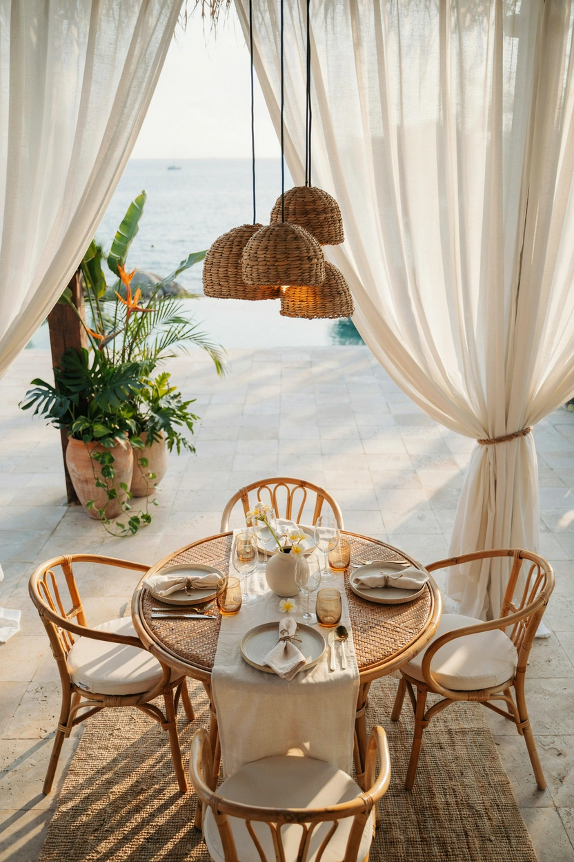 Boho coastal patio table under flowing white drapes with tropical decor