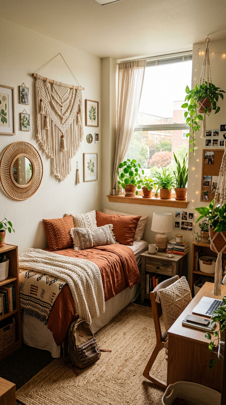 Bohemian dorm room with macrame wall hanging, earthy tones, rattan mirror, and cozy boho decor for college
