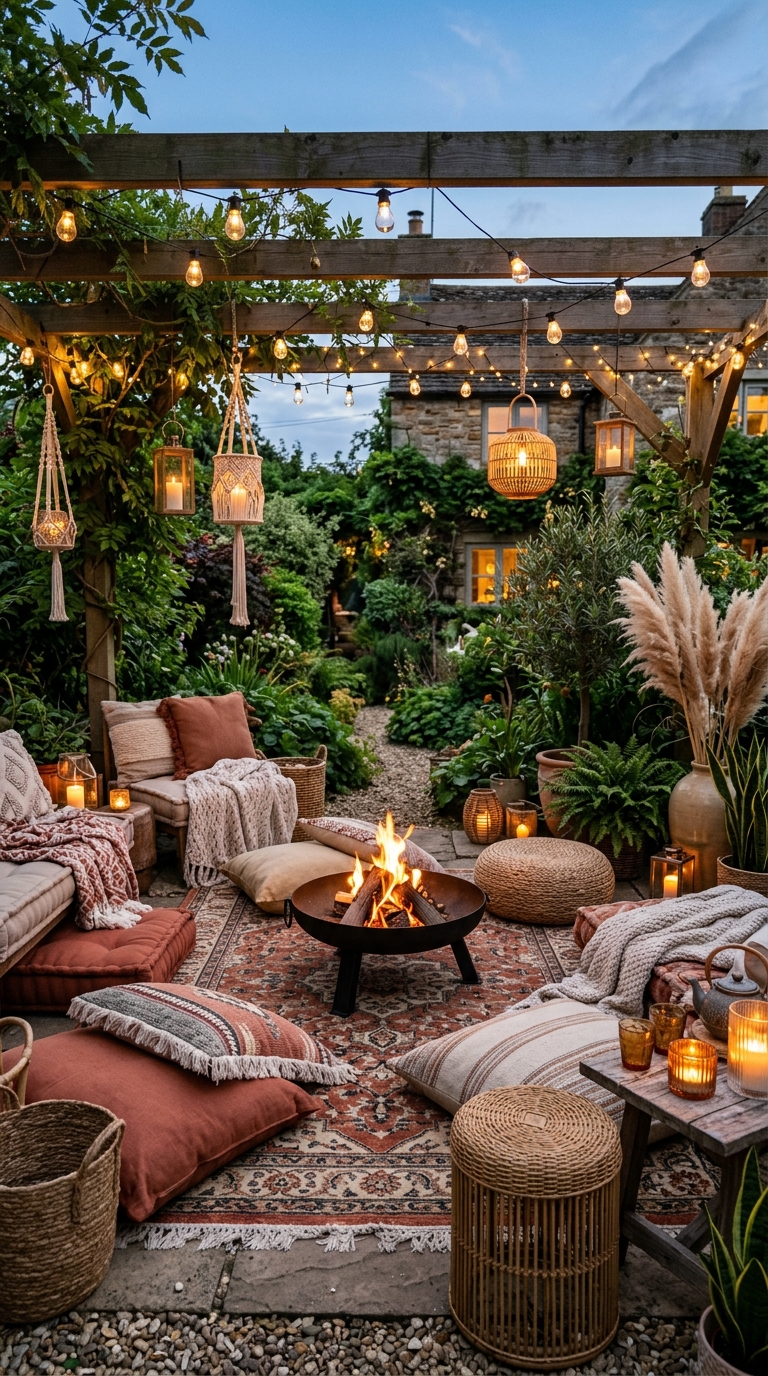 Boho backyard fire pit with floor cushions, woven poufs, and lanterns