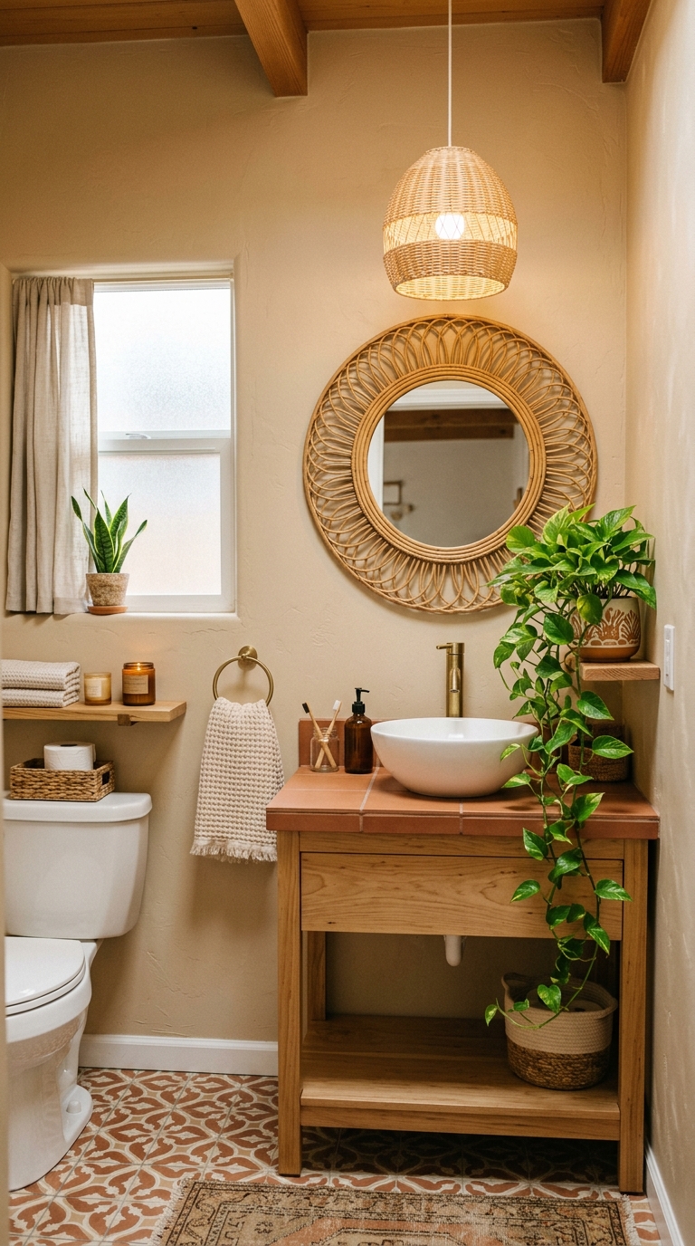 Boho half bathroom with rattan mirror, woven pendant light, and warm beige walls