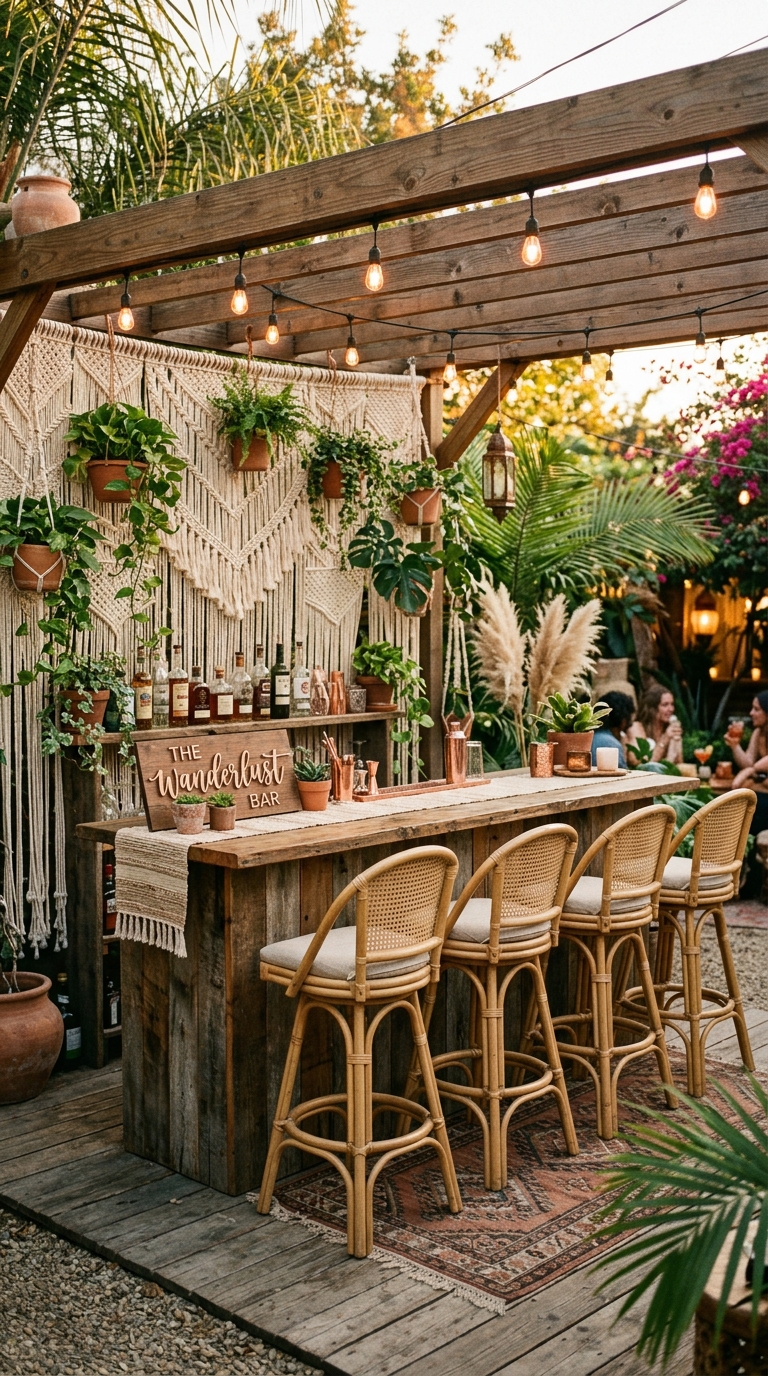 Boho backyard bar with rattan barstools, macramé backdrop, terracotta plants, and warm Edison lights in an earthy outdoor entertaining space