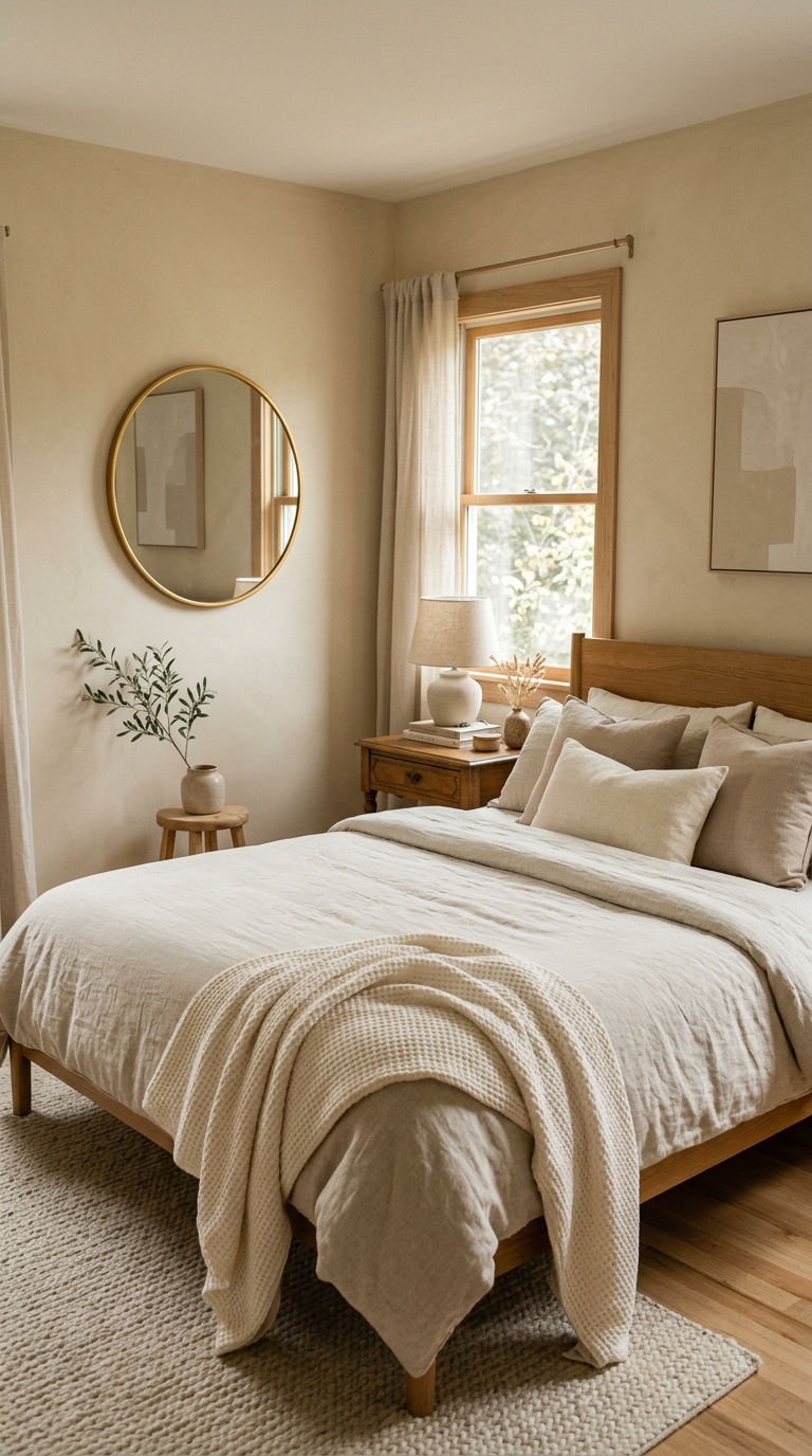 Cozy boho small bedroom with macrame wall hanging, earthy tones, rattan mirror, and warm layered bedding