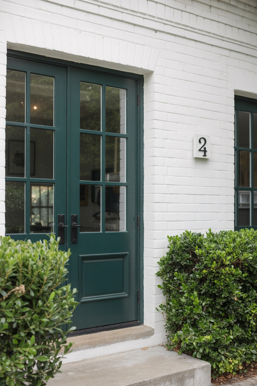 Bold forest green French patio doors on a white rendered modern farmhouse exterior with minimalist landscaping