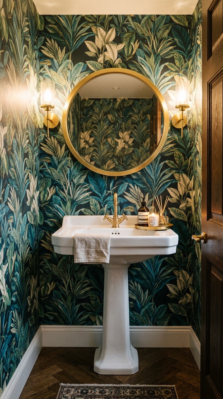 Powder room with bold botanical wallpaper and gold mirror