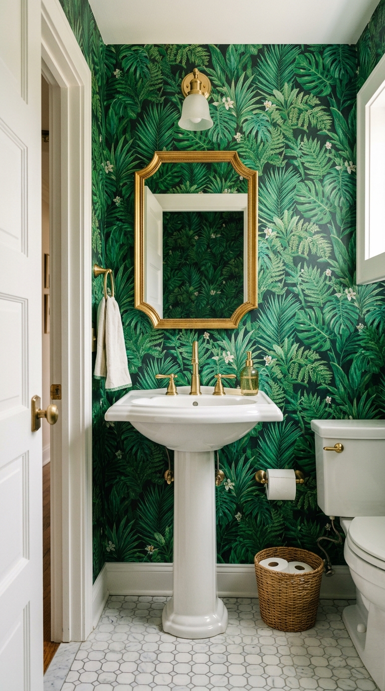 Half bathroom with bold botanical wallpaper, white pedestal sink, and brushed gold fixtures