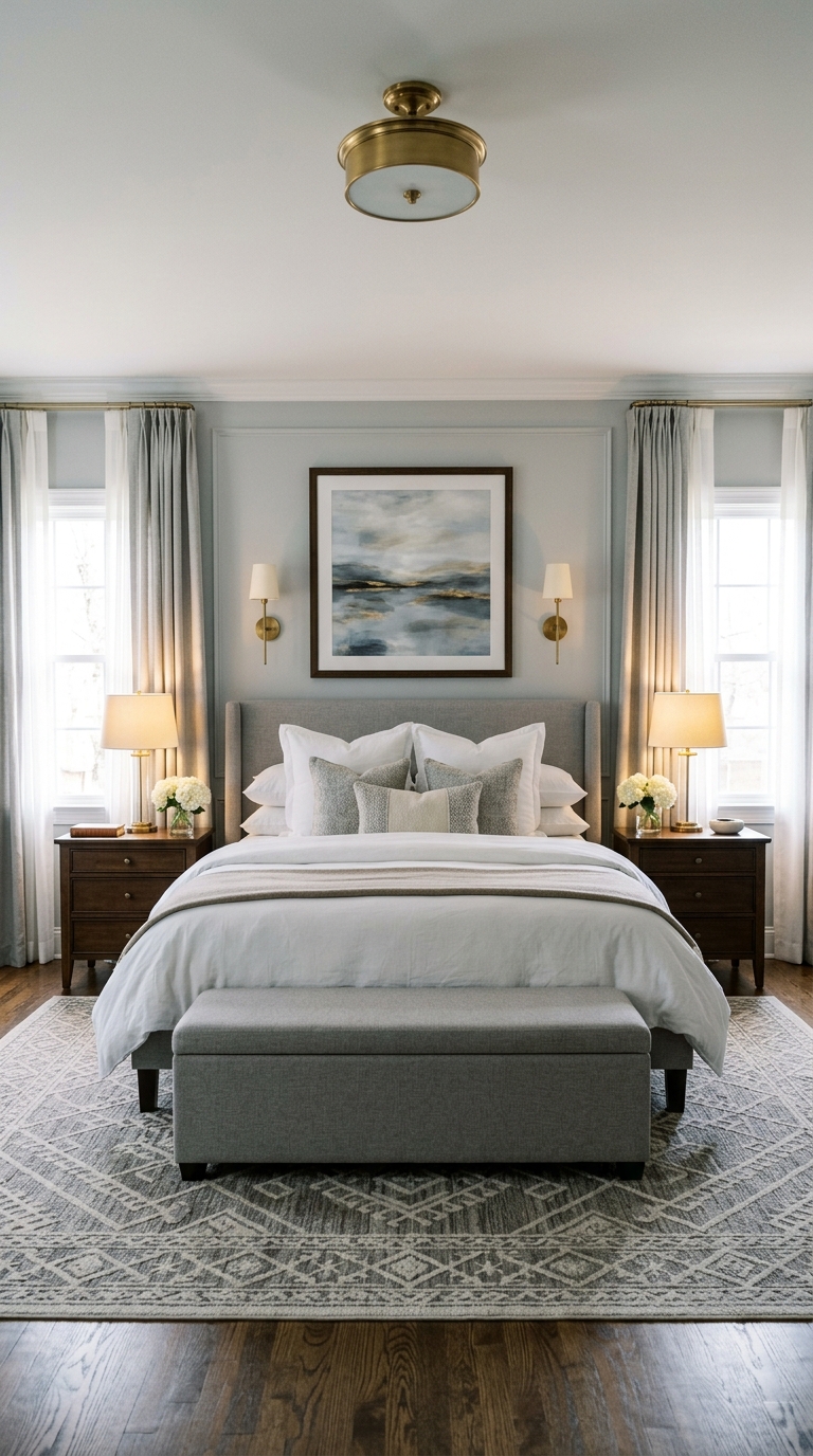 Symmetrical boutique hotel-style master bedroom layout