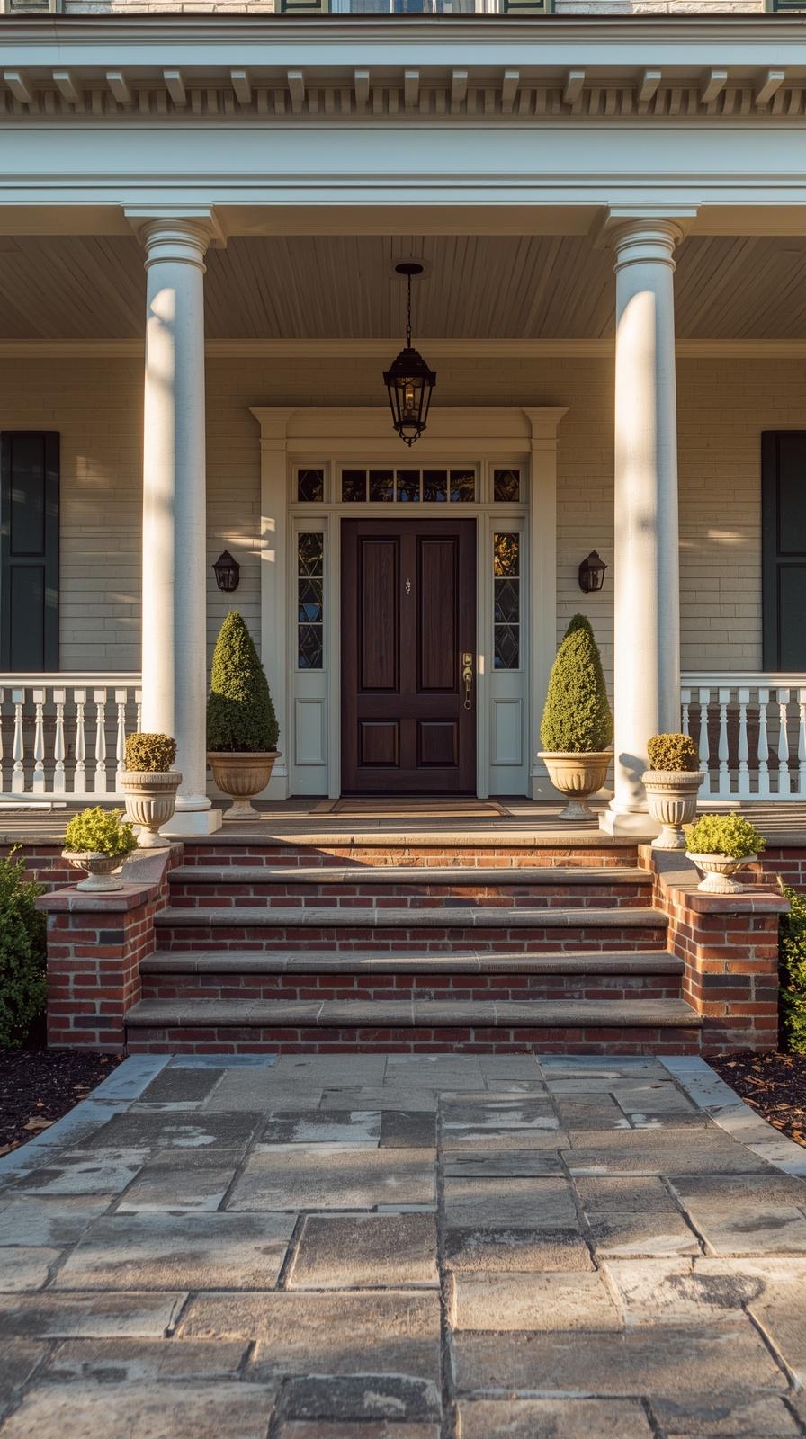 Grand brick column porch railing on a traditional colonial home with manicured landscaping