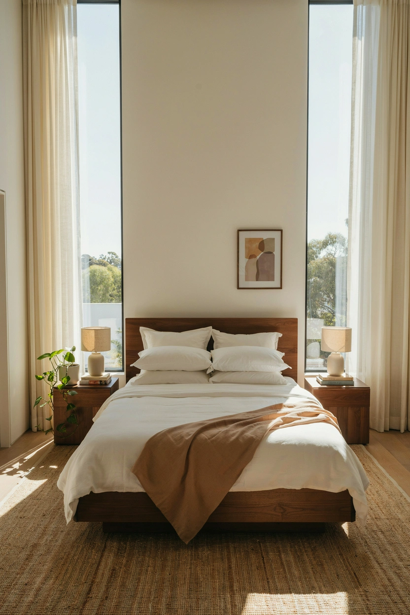 Brown and white bedroom with clean white walls and warm wood bed frame — fresh and cozy bedroom design idea