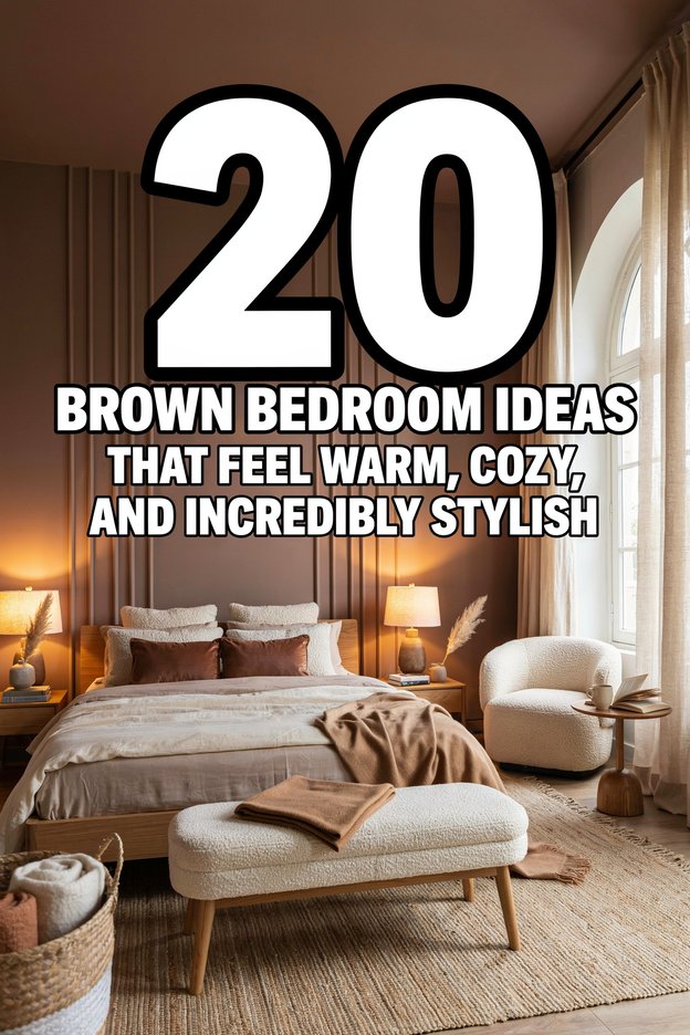 Brown bedroom ideas with cozy luxury decor and bold title text