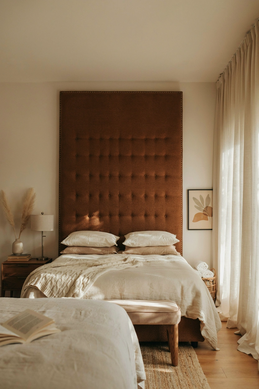 Brown and beige bedroom with layered neutral textures and a calm relaxing atmosphere