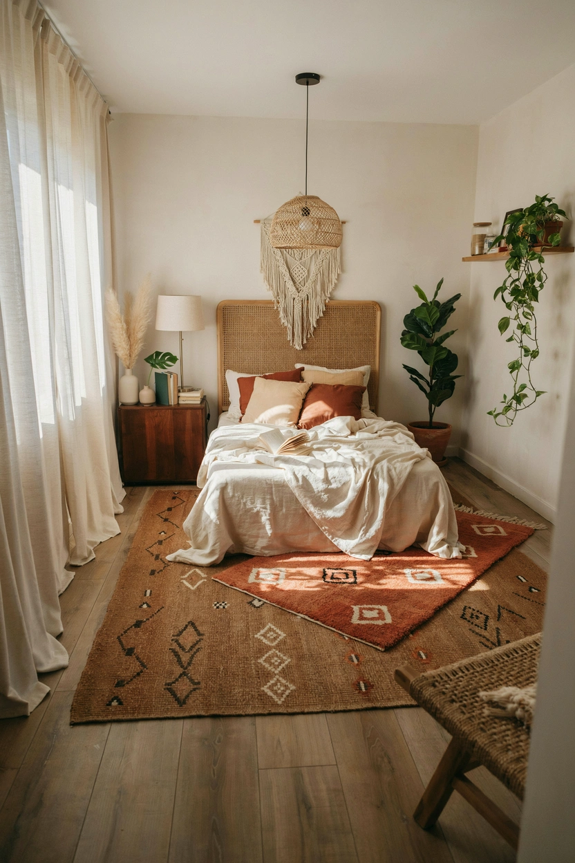 Brown boho bedroom featuring rattan furniture, layered rugs, and earthy textures