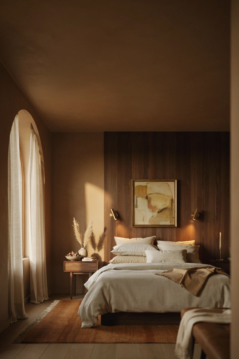 Brown painted ceiling and walls for a cocooning bedroom effect — bold and cozy brown bedroom design trend 2026