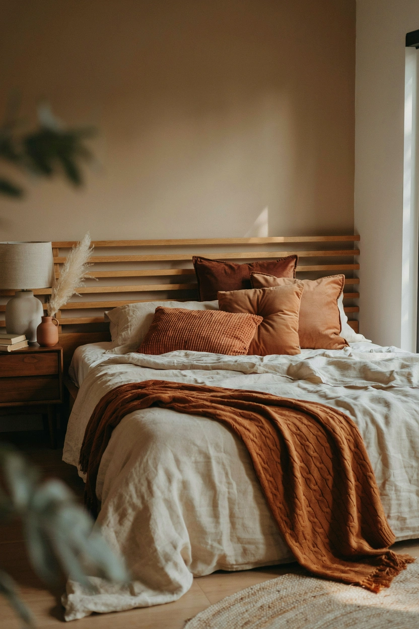Layered small bedroom bedding in cream, brown, and terracotta tones, creating a rich, earthy palette with warm texture and depth