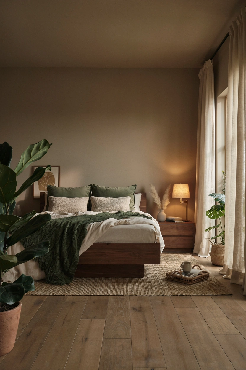 Brown and forest green bedroom combination — earthy nature-inspired bedroom decor idea with warm tones