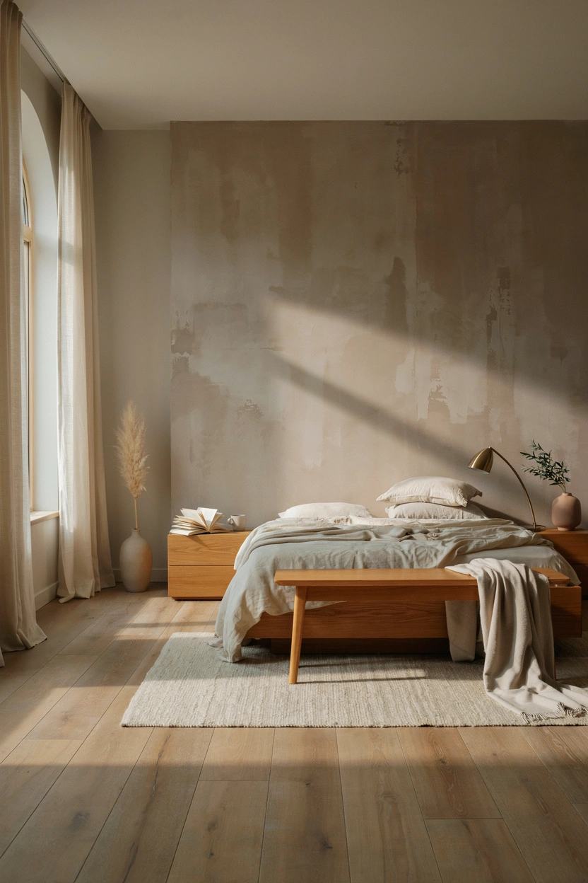 Brown limewash textured wall adding depth and character to a modern bedroom