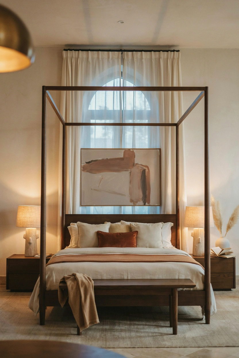 Dark brown wood canopy bed in a warm, romantic bedroom — elegant brown bedroom idea with old-world charm