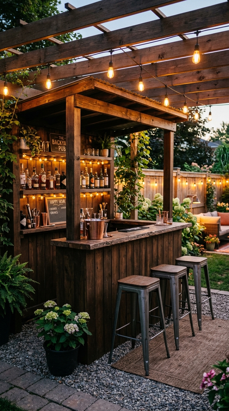 Budget DIY backyard bar built from lumber and fence boards with dark stain, matching metal barstools, and Edison string lights for under