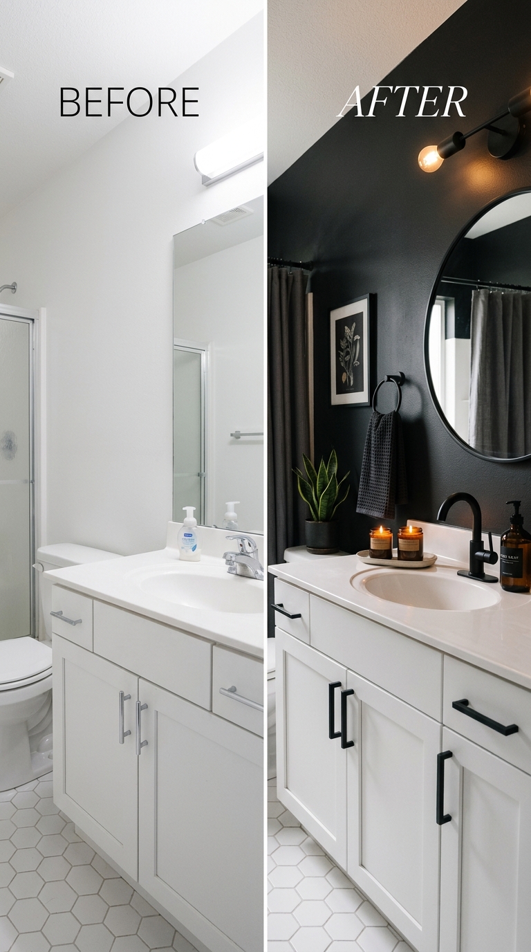Budget moody bathroom transformation using dark paint and hardware swap under