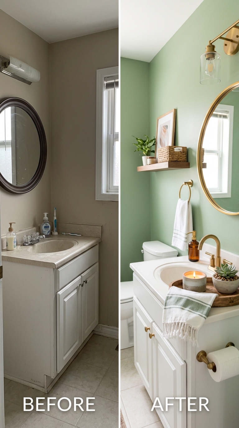Budget powder room makeover with new mirror, fresh paint, and styled accessories