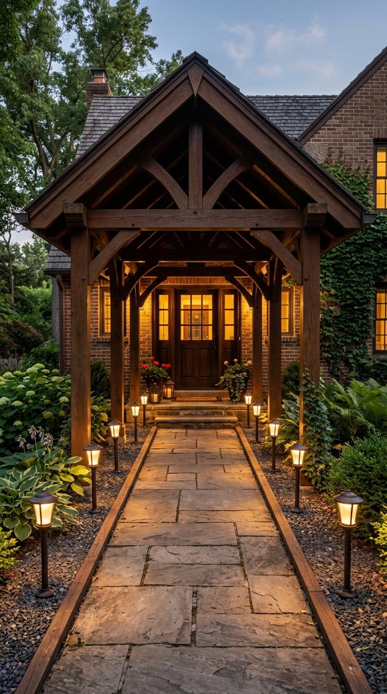 Battery-powered stake lights along a shaded walkway