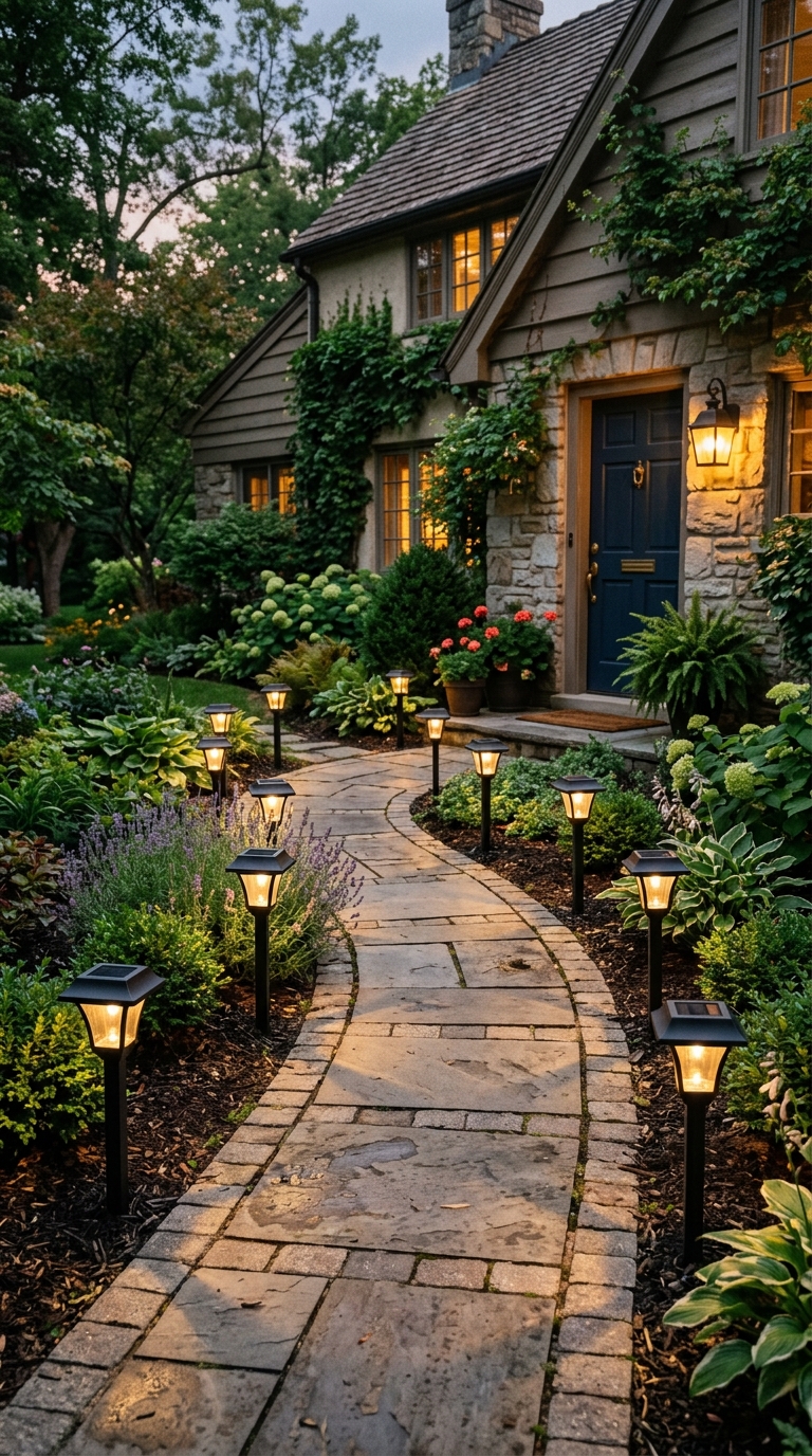 Upgraded budget solar stake lights along a front walkway