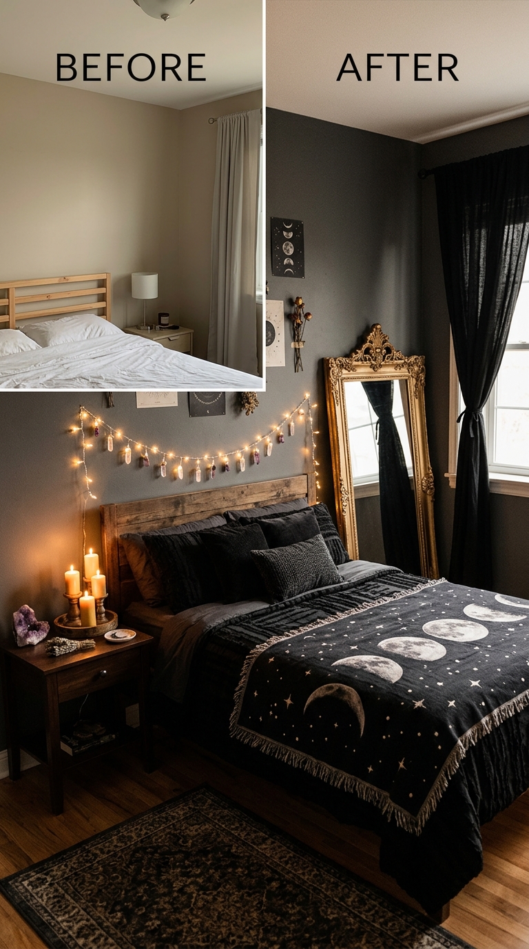 Budget witchy bedroom under $200 with black curtains, thrifted gold mirror, crystal string lights, moon throw blanket, and amethyst crystal on nightstand