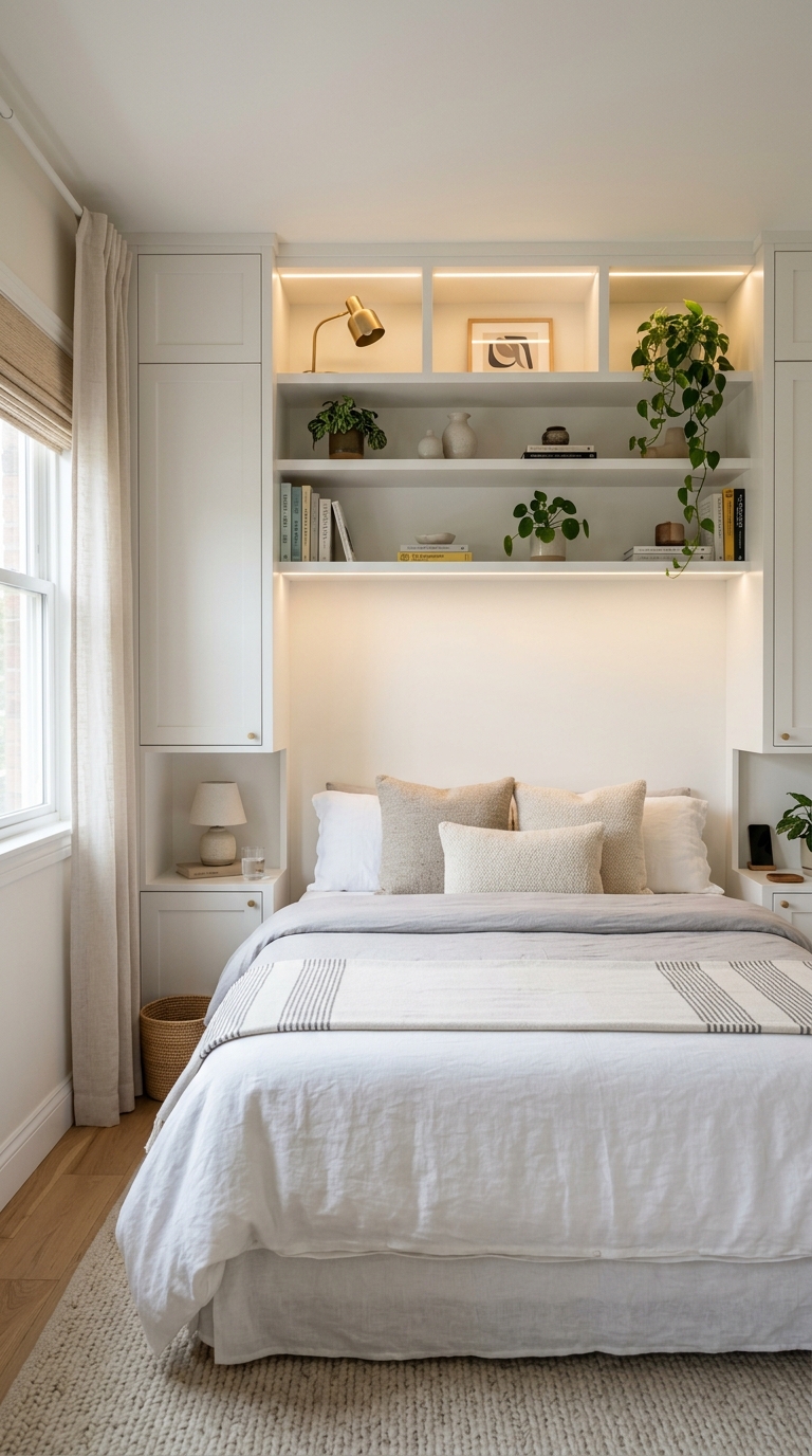 Small bedroom with white built-in shelving around bed, minimal decor on shelves, and seamless architectural headboard wall
