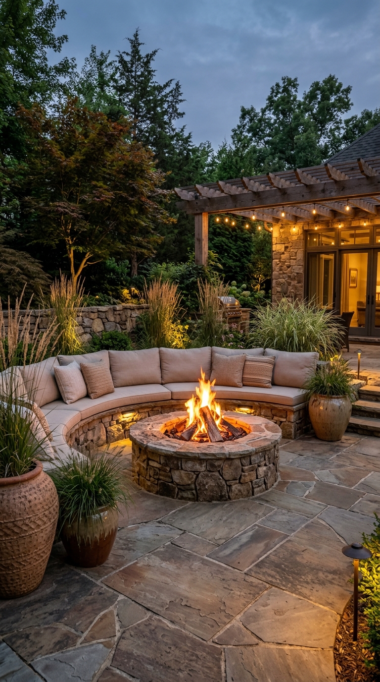 Stone fire pit with built-in curved bench seating and outdoor cushions