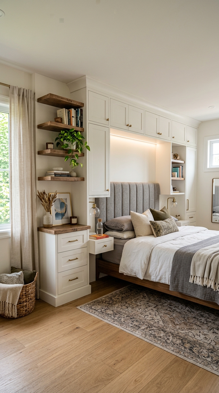 Master bedroom with built-in storage headboard wall