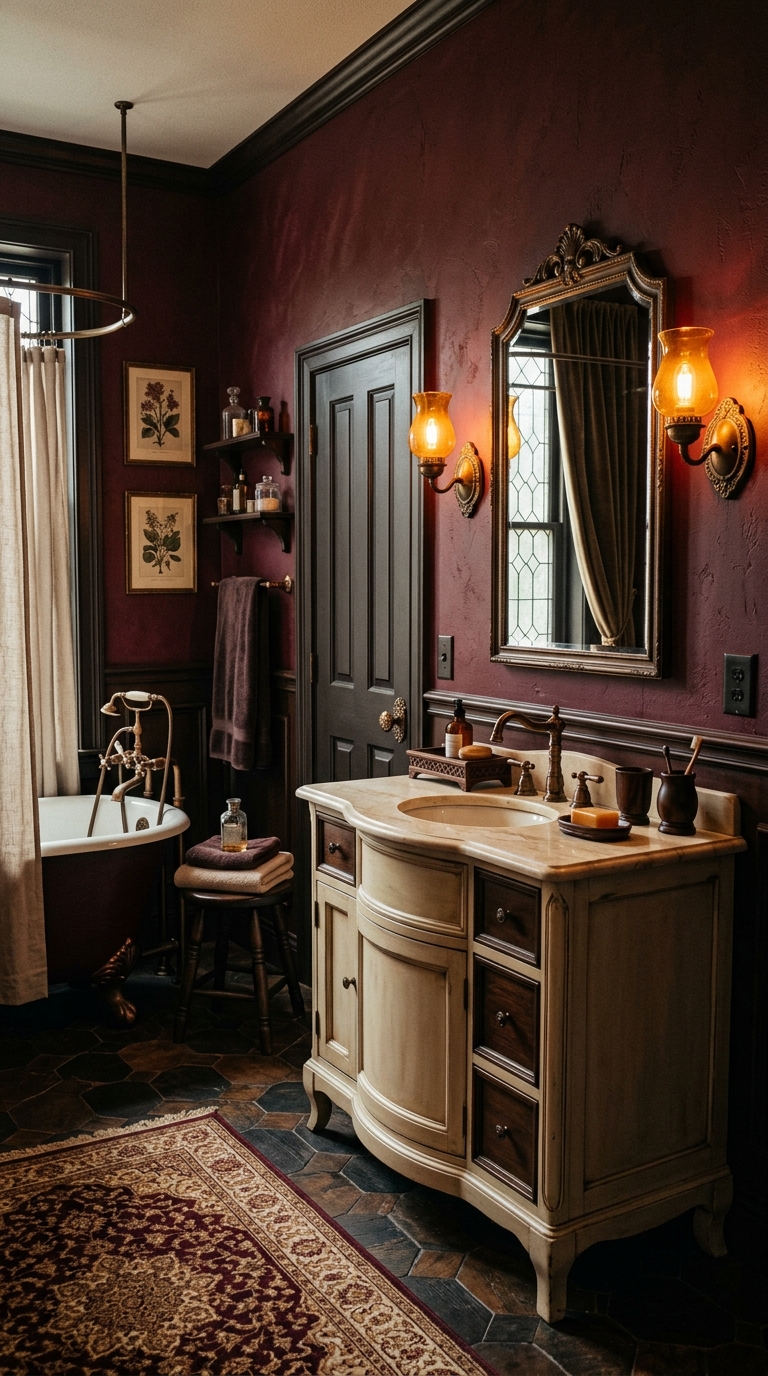 Deep burgundy moody bathroom with aged bronze fixtures and warm amber lighting