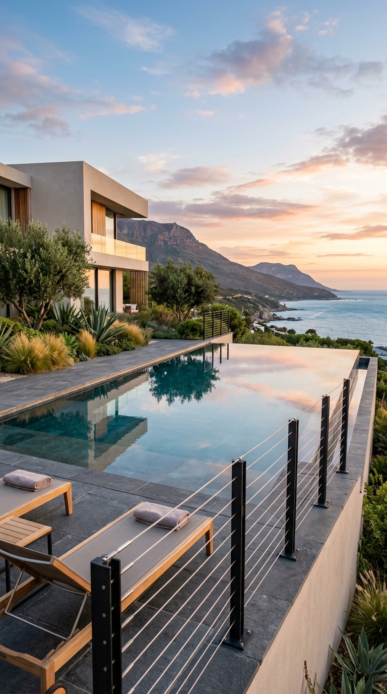 Modern stainless steel cable rail pool fence with black metal posts.