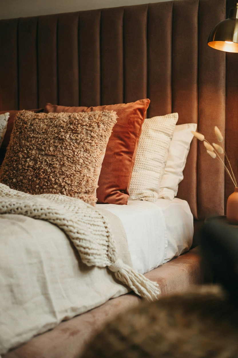Caramel and rust accent pillows styled on a neutral bed — easy brown bedroom decor idea for a warm, cozy look