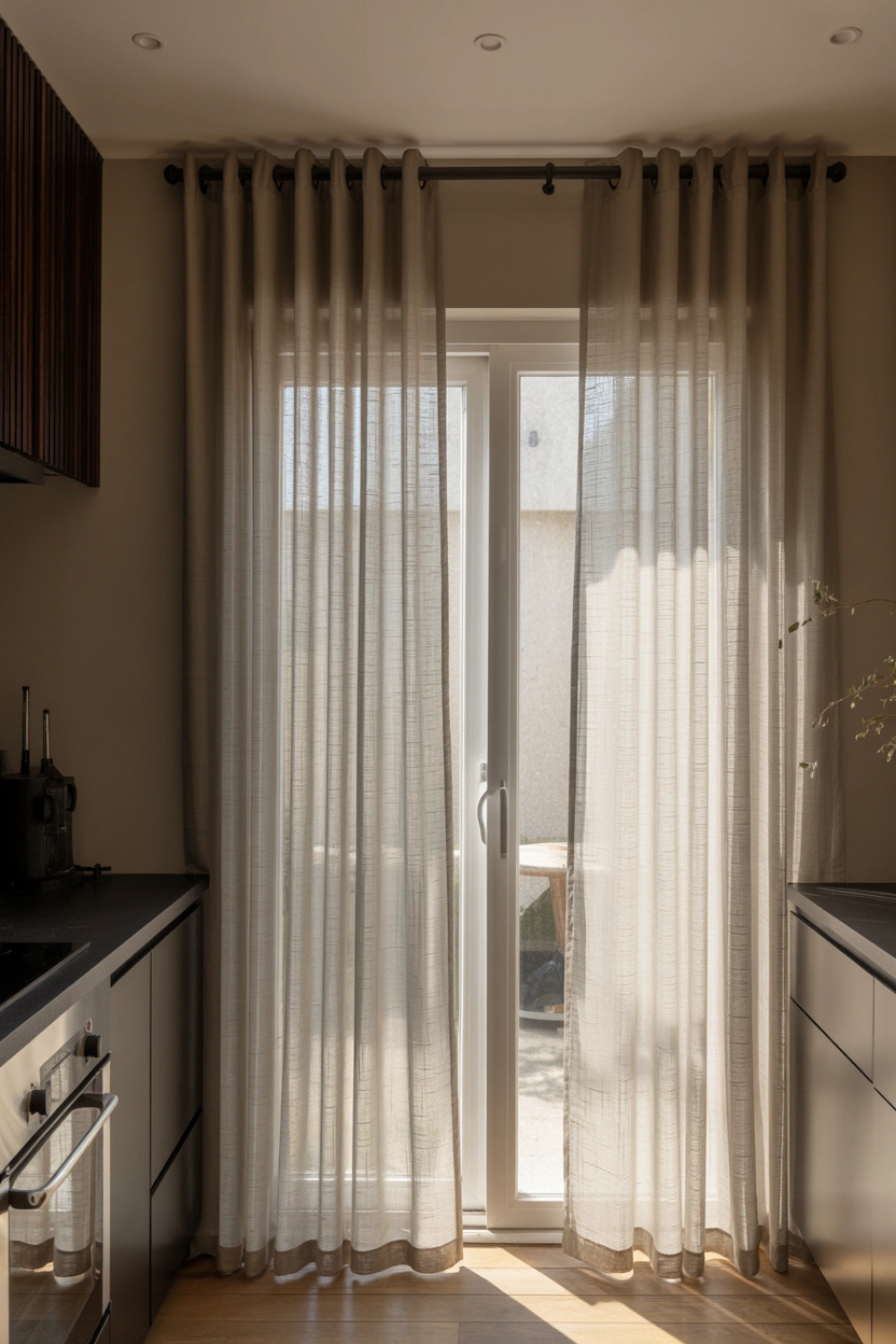 Ceiling-mounted sheer linen curtains framing patio door in a small white kitchen