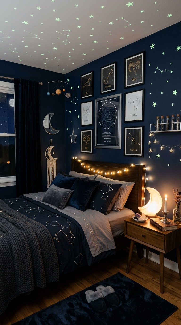 Celestial cosmos bedroom with navy walls, glow-in-the-dark star ceiling decals, zodiac gallery wall, crescent moon lamp, and silver accent decor