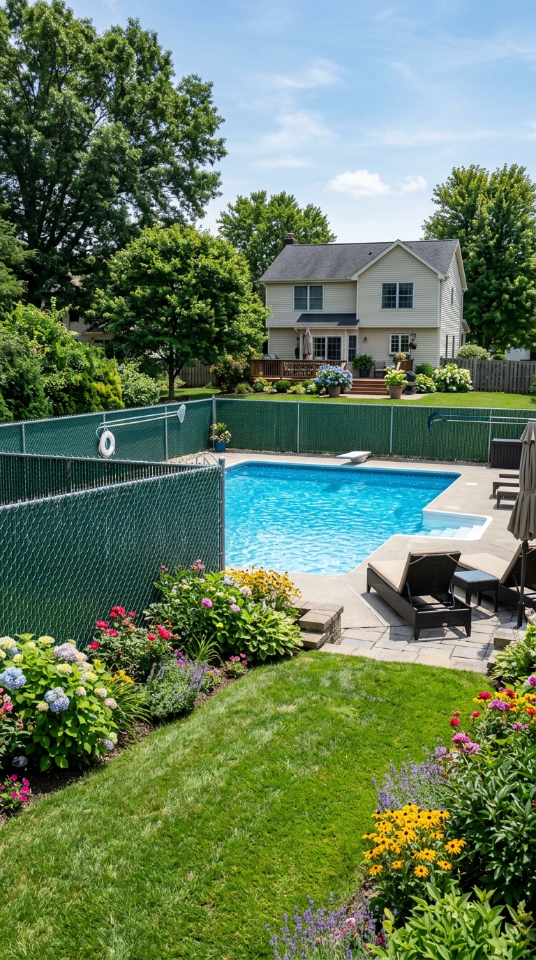 Chain-link pool fence with green privacy slats in a family backyard.