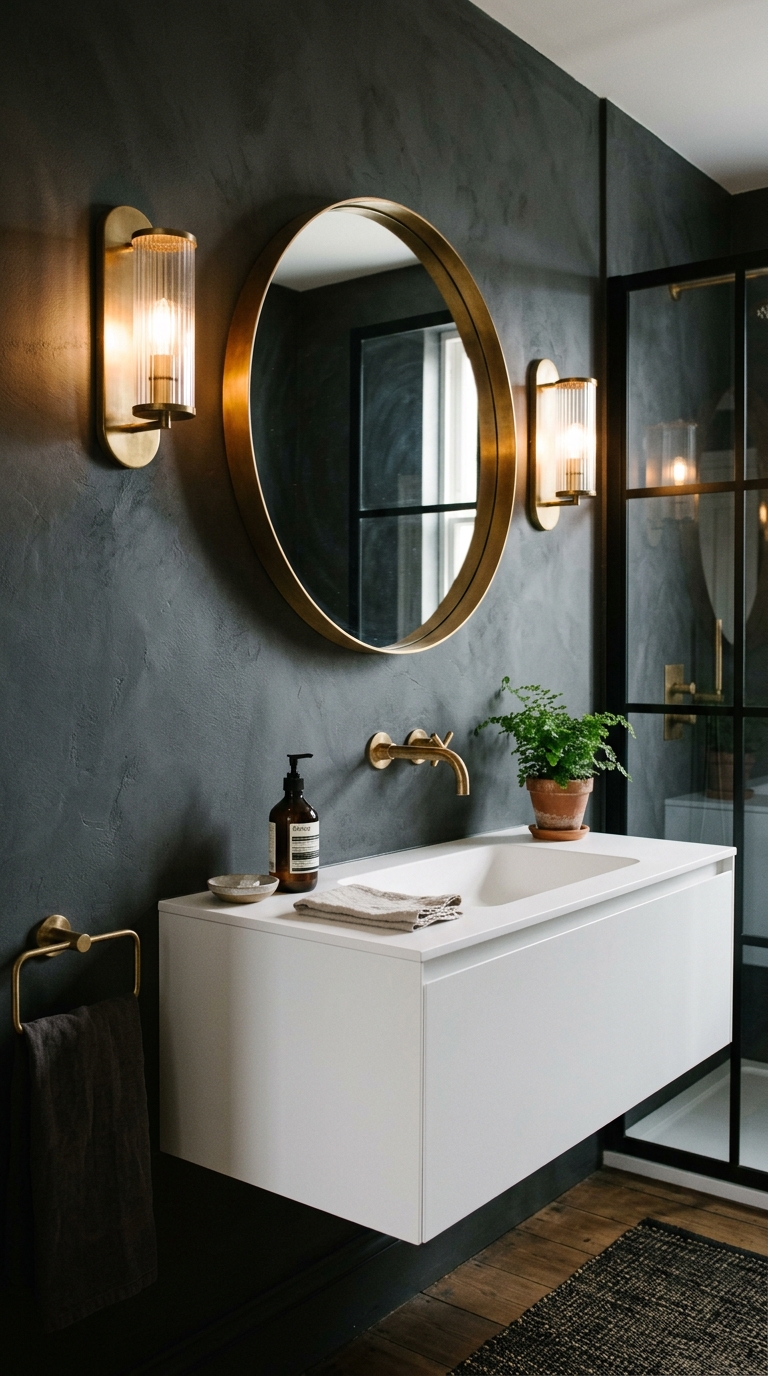 Charcoal and brass moody bathroom with warm sconce lighting and round mirror